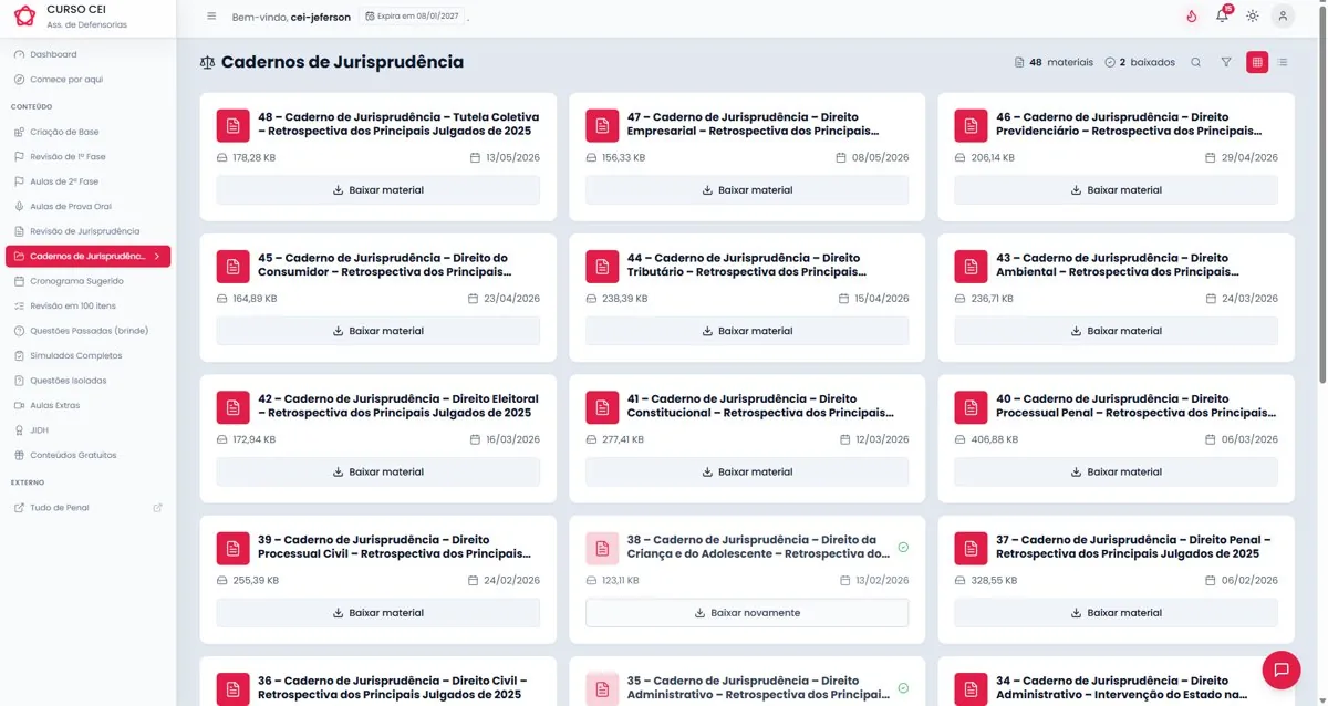 Cadernos de jurisprudência disponíveis na plataforma CEI