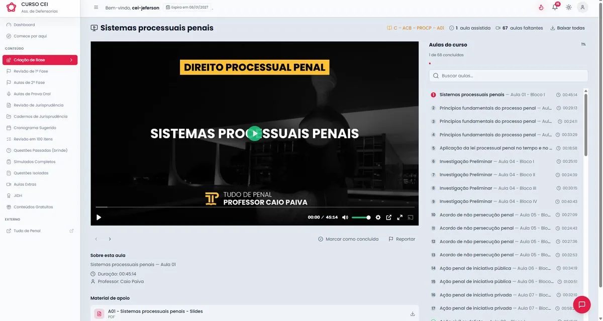 Videoaula de Direito Processual Penal na plataforma CEI